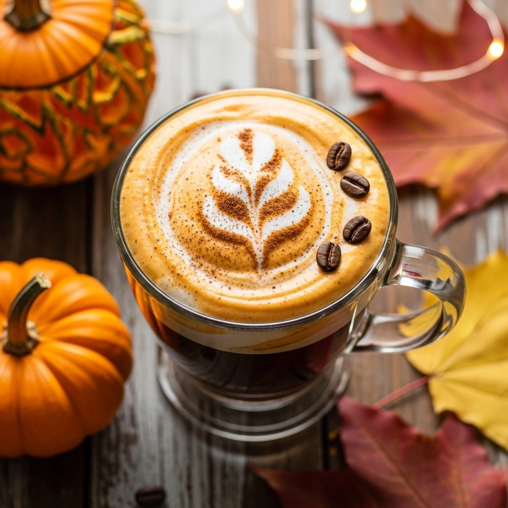 Pumpkin cream cold foam on iced coffee with pumpkin spice, autumn leaves, and cozy fall vibes