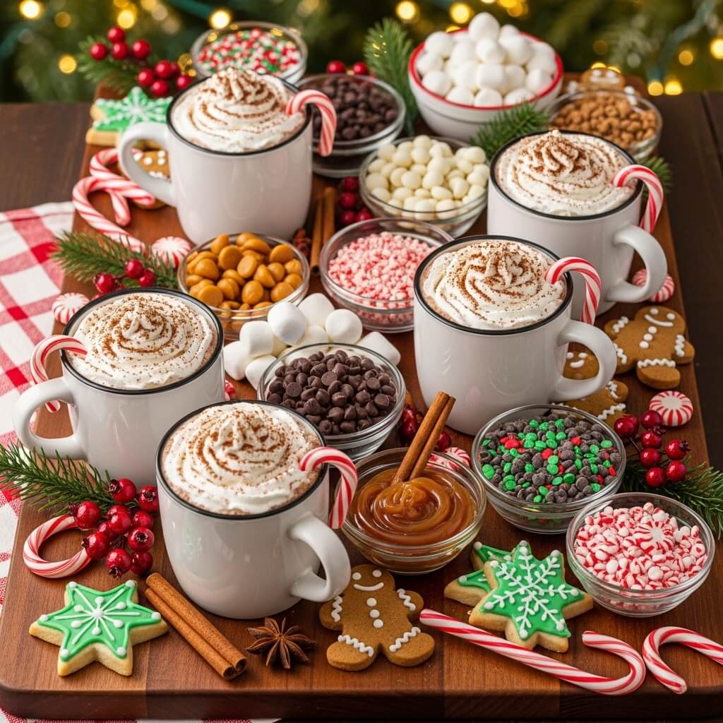 Festive Christmas hot chocolate board filled with mugs, marshmallows, candy canes, and cookies