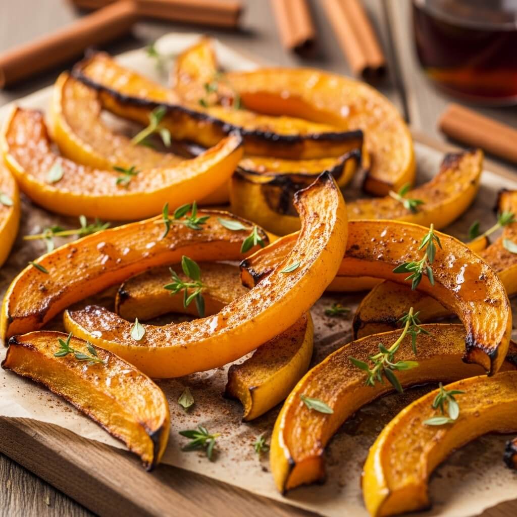 Crispy roasted winter squash fries glazed with maple syrup and sprinkled with herbs