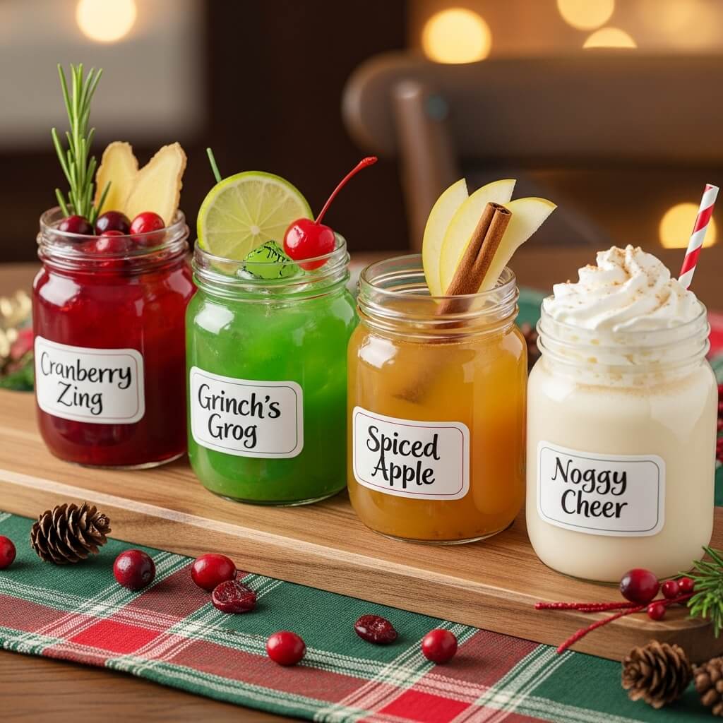 Colorful holiday punch flight samplers in mini jars with cranberries and orange garnishes