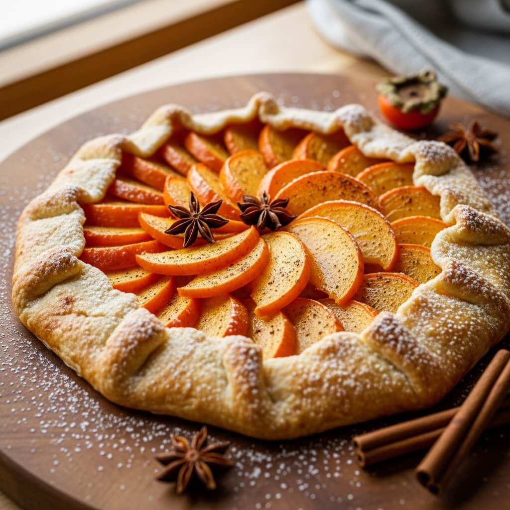 Rustic spiced persimmon galette with golden flaky crust and warm spices
