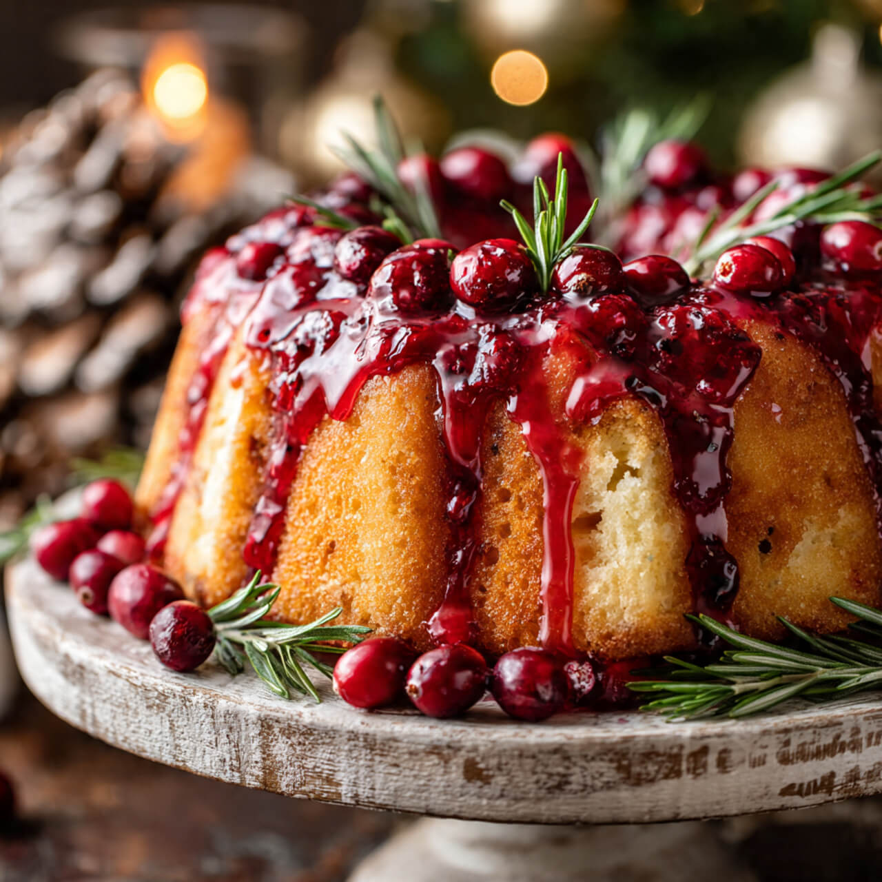 Moist bundt cake drizzled with tangy cranberry glaze and garnished with fresh cranberries on a festive holiday plate.