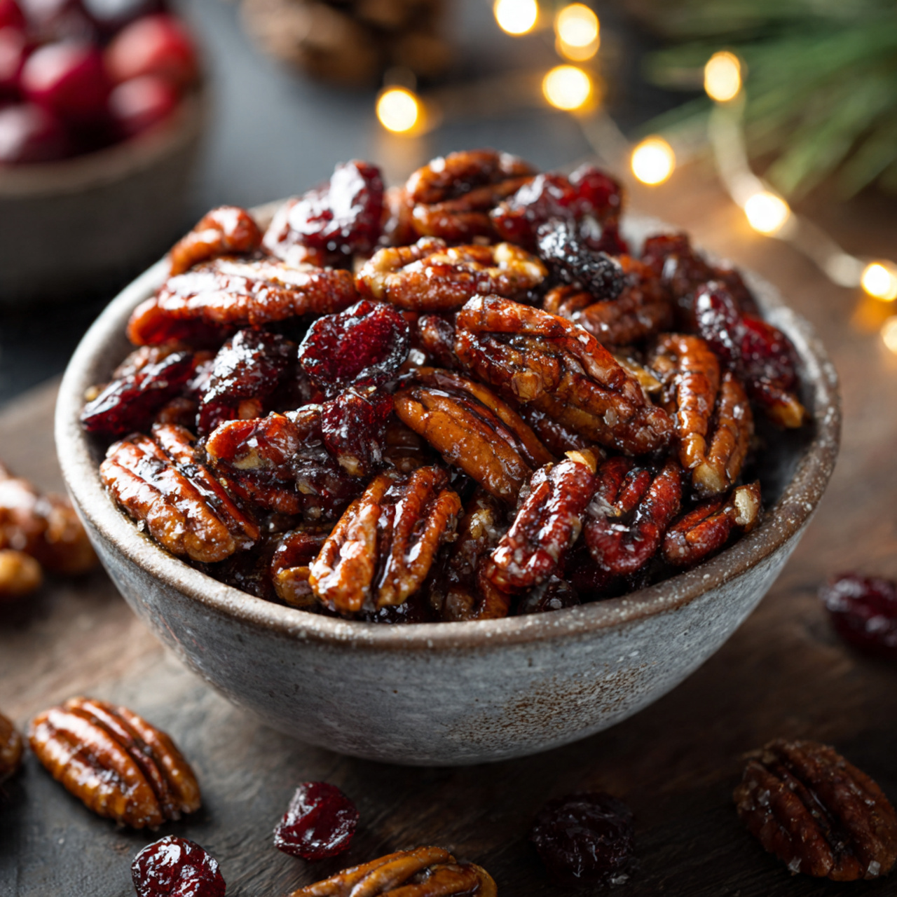 A festive mix of spiced candied pecans and dried cherries served in a rustic bowl, perfect for snacking or holiday gifts.