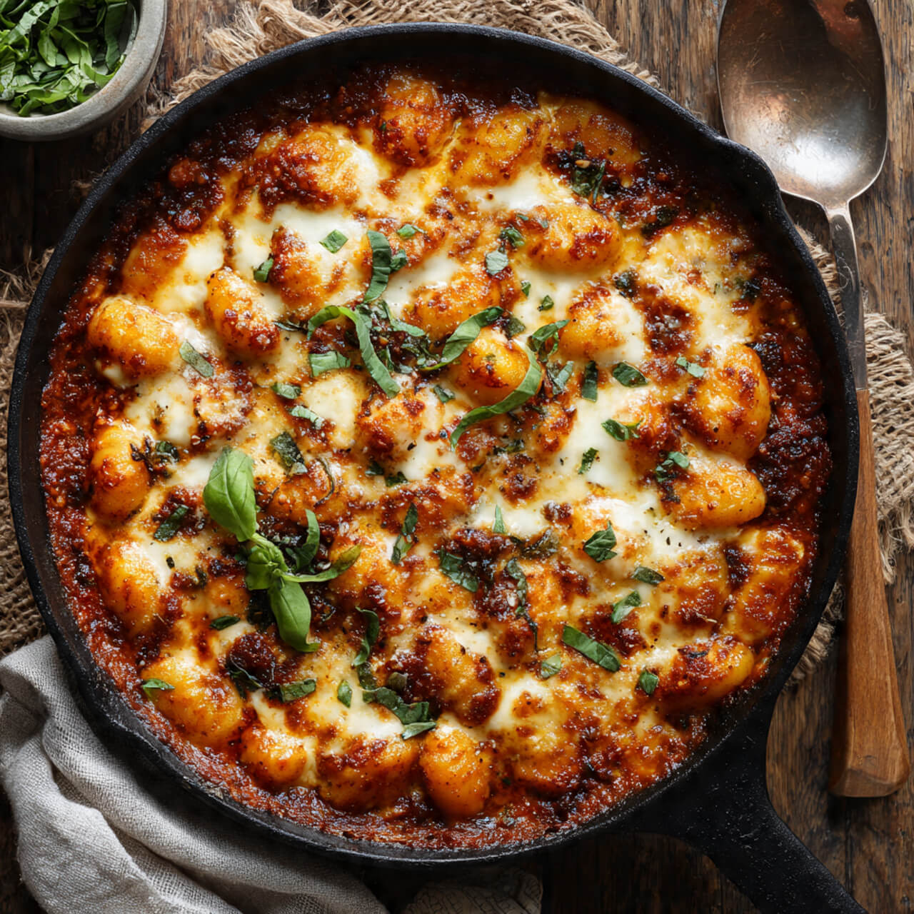 Creamy baked harissa gnocchi in a skillet with tomatoes, spinach, and melted mozzarella cheese.