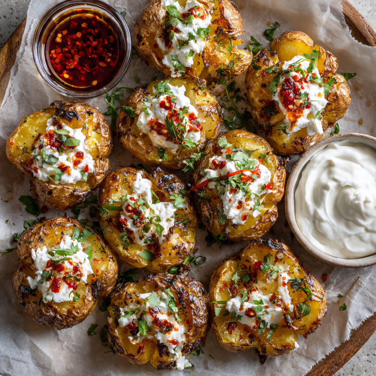 Crispy smashed baby potatoes served with a bowl of whipped feta topped with chili oil and herbs.