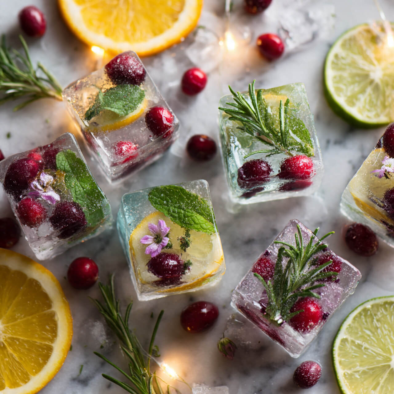 Clear glass filled with water and ice cubes containing fruit slices and mint leaves