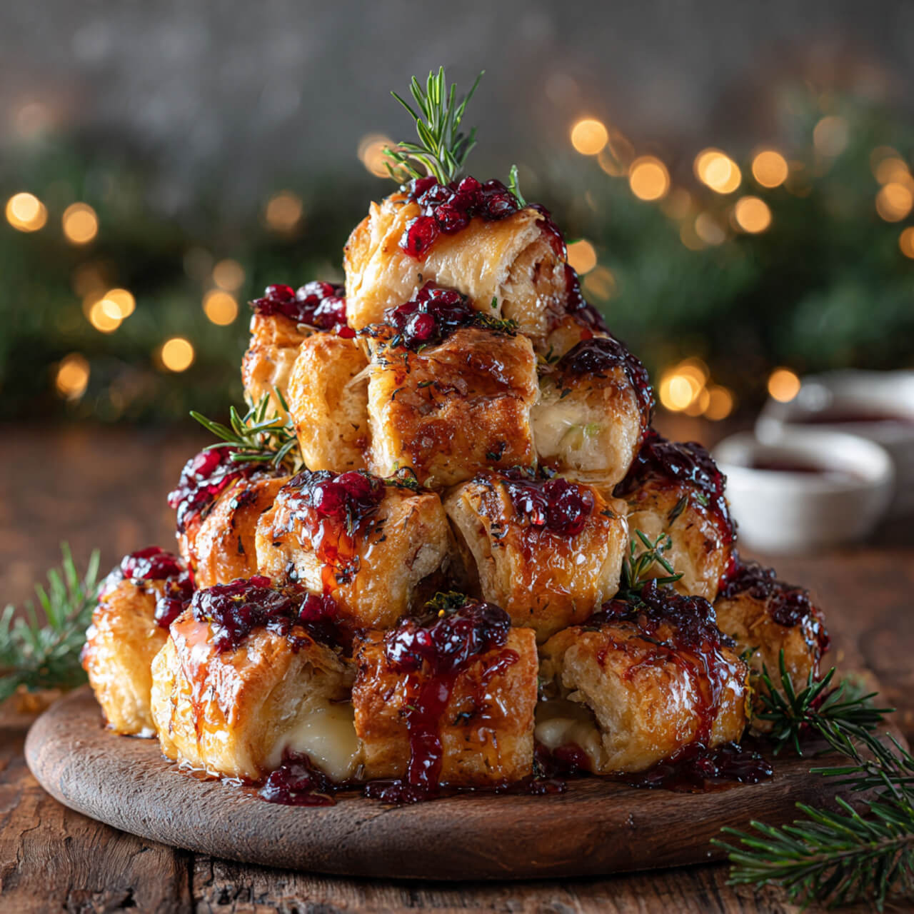 Pull-apart bread shaped like a Christmas tree, stuffed with cranberry and brie, served on a wooden board with cranberries and rosemary garnish