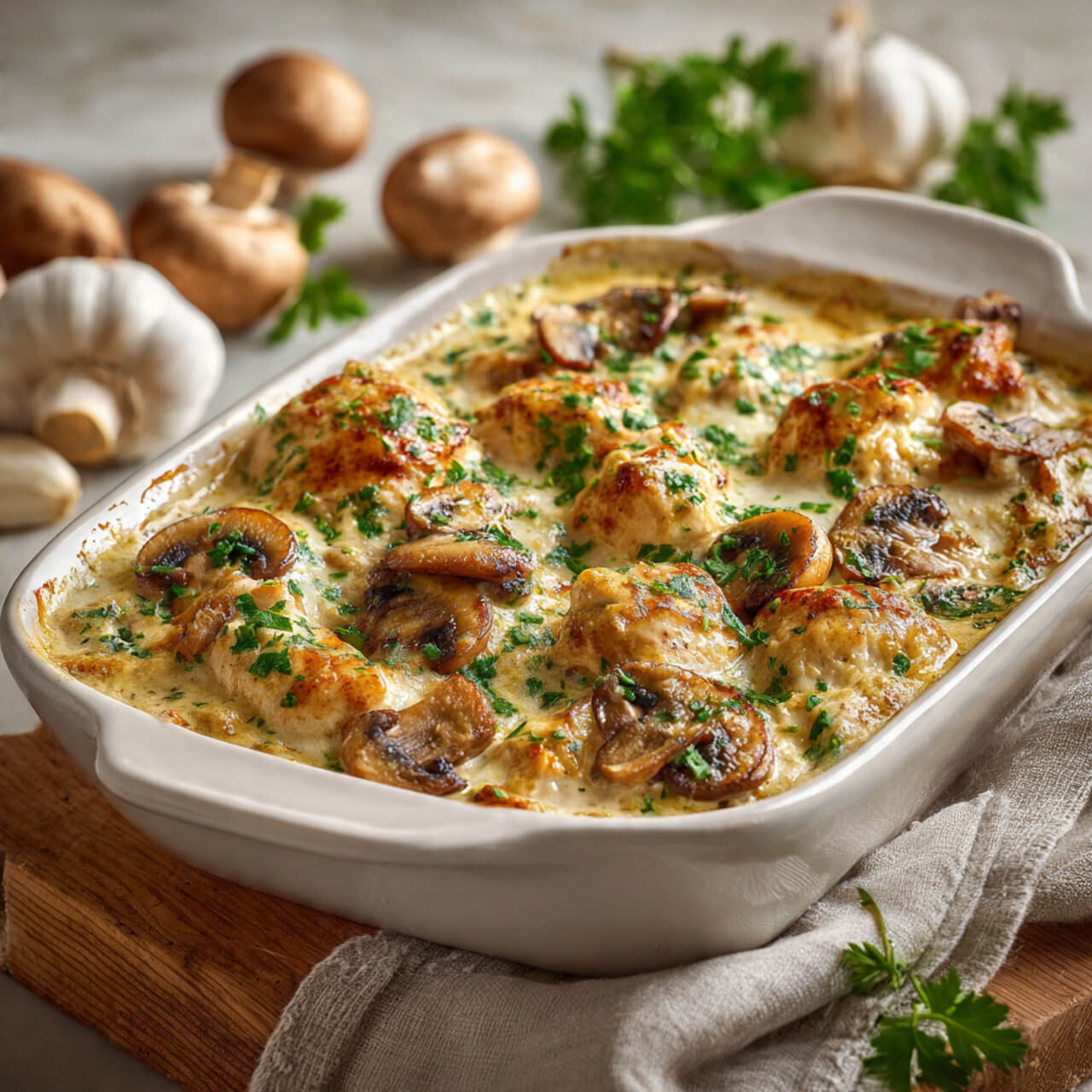 A bubbling keto garlic mushroom chicken casserole topped with herbs in a white baking dish