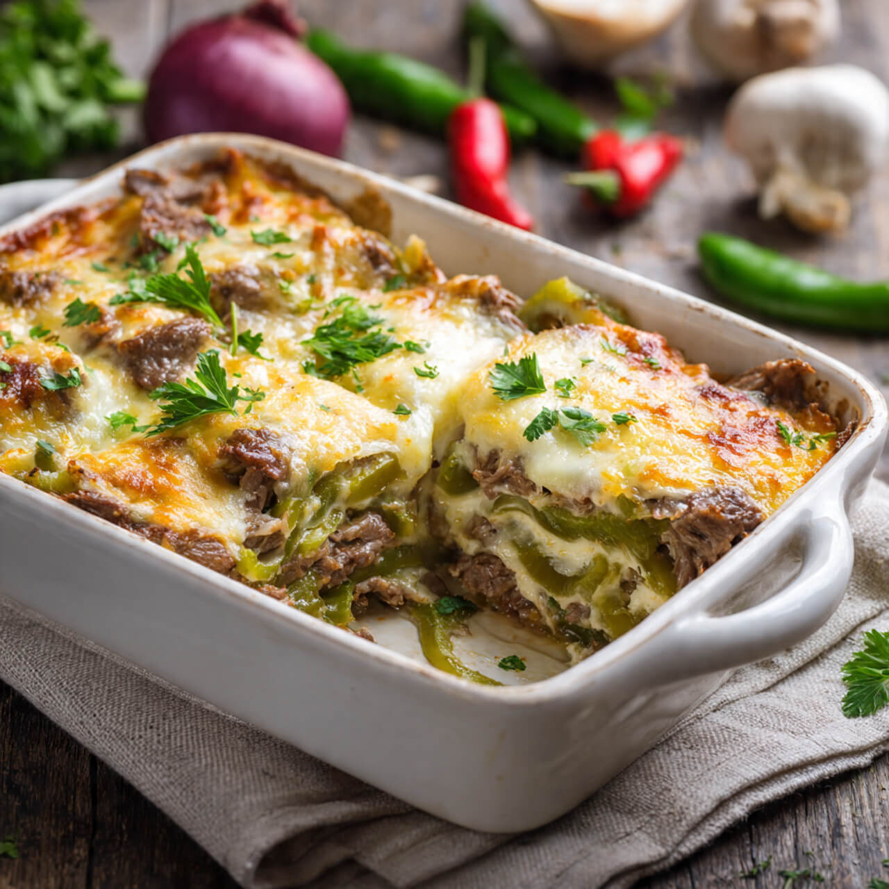 A cheesy low carb Philly cheesesteak casserole topped with melted provolone and peppers