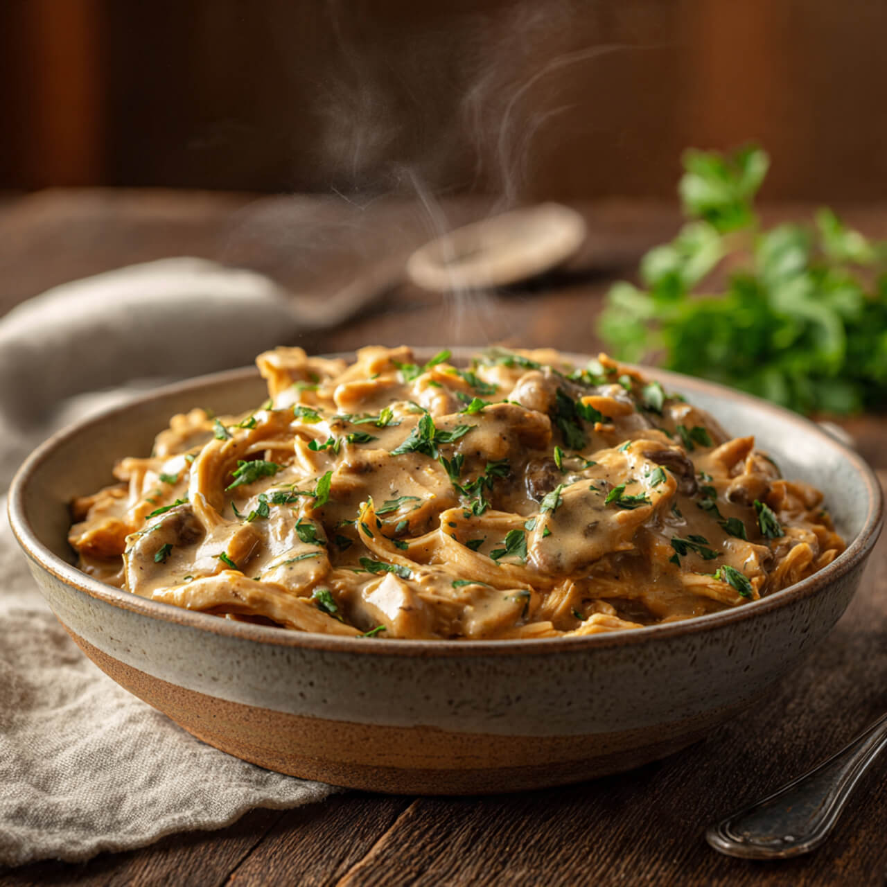 Shredded crockpot chicken covered in creamy gravy served over mashed potatoes