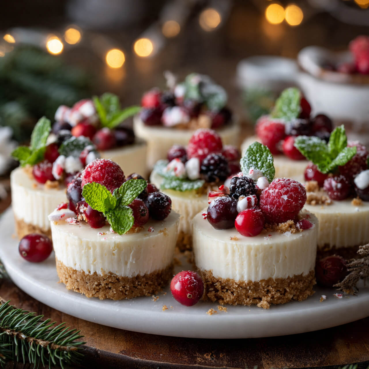 Festive no-bake mini cheesecakes decorated with red and green toppings