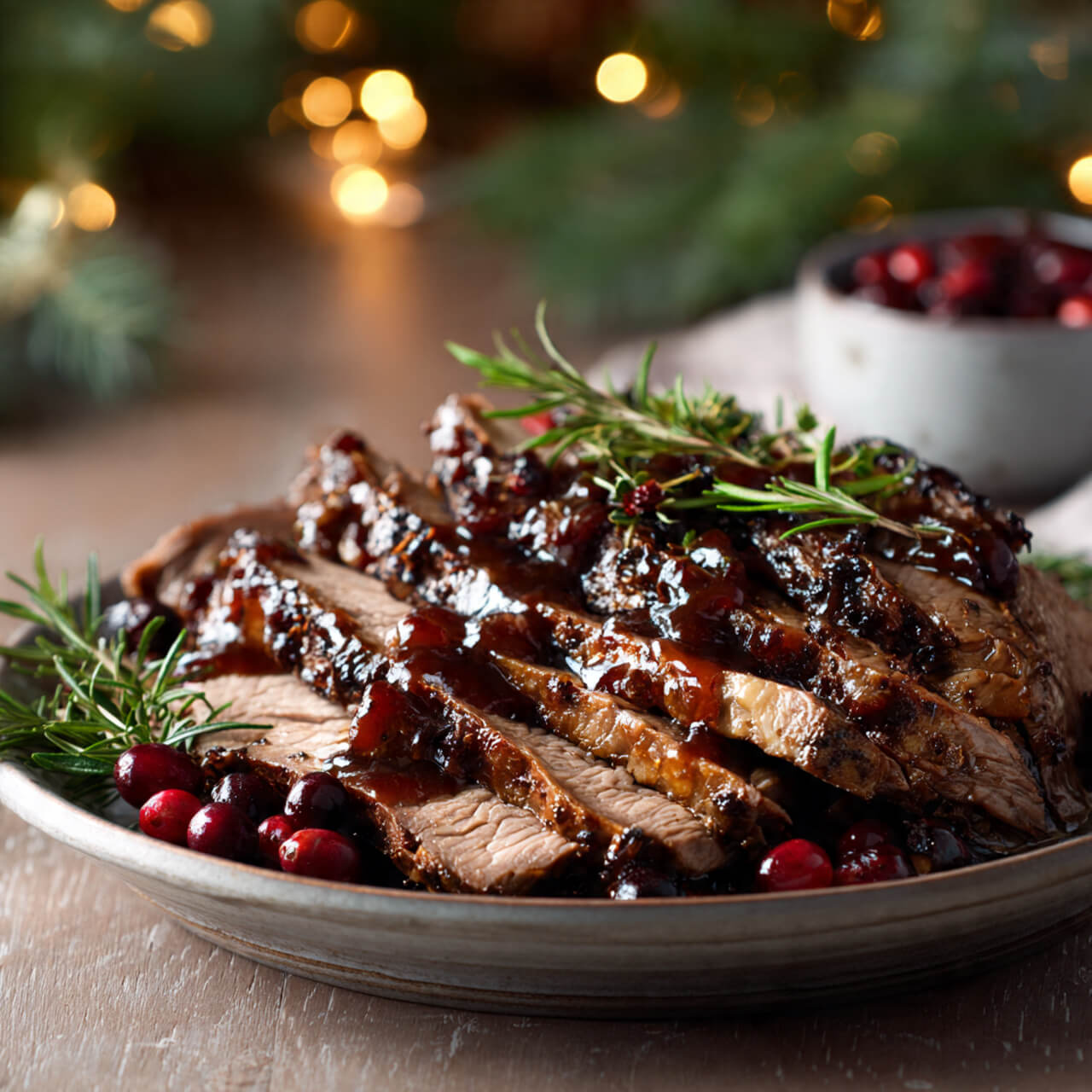 Tender slow-braised beef roast drizzled with cranberry balsamic glaze, garnished with herbs and cranberries