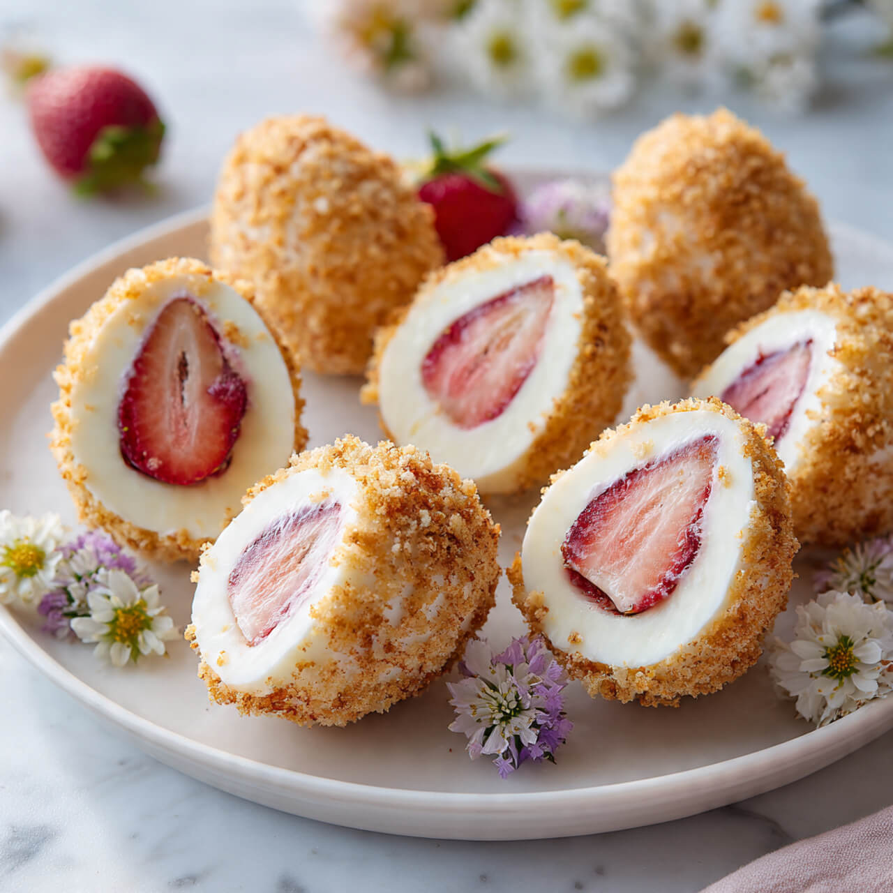 Colorful no-bake strawberry shortcake Easter egg treats topped with sprinkles and fresh strawberries