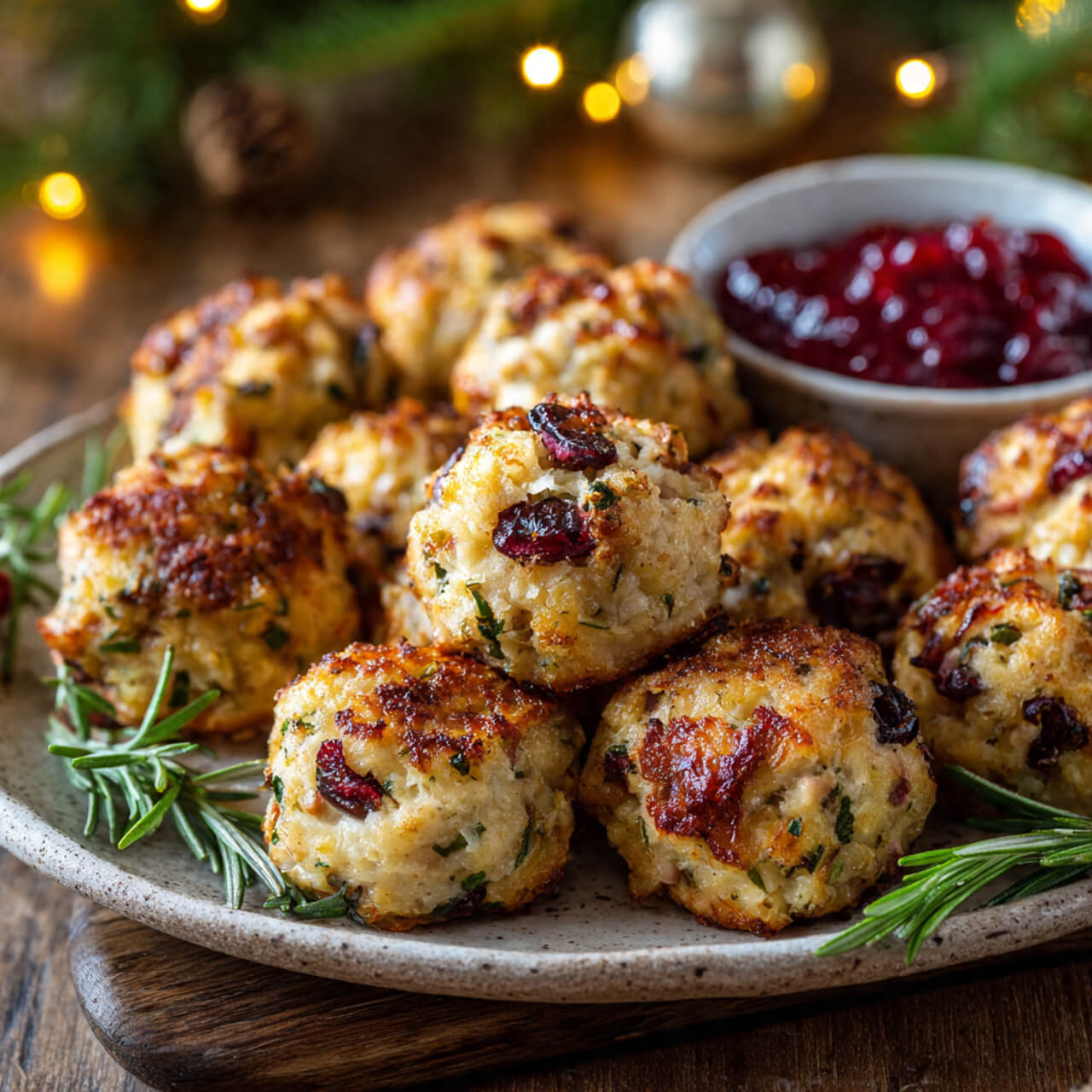 Golden baked cranberry turkey stuffing balls served on a platter for the holidays