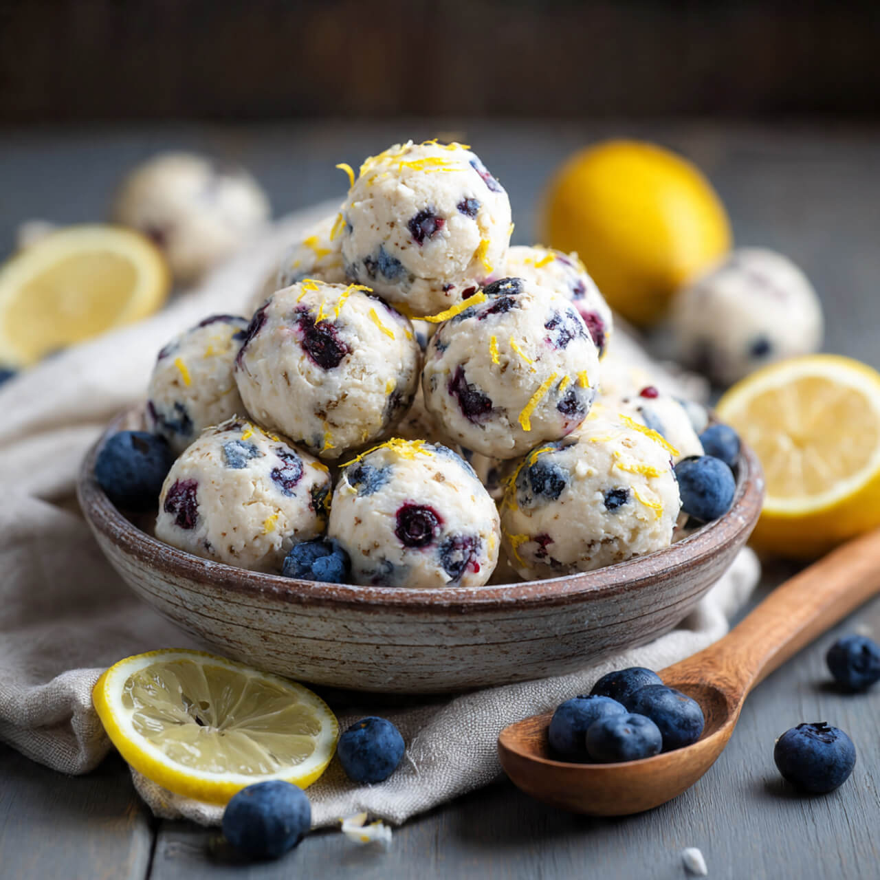 Plate of lemon blueberry cottage cheese protein bites with fresh blueberries and lemon zest